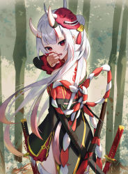 Rule 34 | 1girl, absurdres, ao ne, back tattoo, bare shoulders, bell, black kimono, blood, blood on hands, blush, crying, crying with eyes open, double bun, fang, frilled sleeves, frills, from behind, gold trim, gradient hair, grey hair, hair bell, hair bun, hair ornament, highres, holding, holding sword, holding weapon, hololive, horns, japanese clothes, jingle bell, katana, kimono, kouhaku nawa, long sleeves, looking at viewer, looking back, multicolored hair, nakiri ayame, nakiri ayame (1st costume), off shoulder, oni, red eyes, red hair, rope, shimenawa, short kimono, skin-covered horns, solo, streaked hair, sword, tassel, tassel hair ornament, tattoo, tears, thighhighs, two side up, virtual youtuber, weapon, white thighhighs, wide sleeves