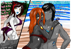 Rule 34 | 1girl, 2girls, abs, absurdres, animal ears, beach, bikini, black hair, blue eyes, blush, breasts, cat ears, cat girl, cat tail, clinging, colored skin, cpt.tester works, elora (cpt.tester), gem, grey skin, highres, jewelry, large breasts, leaves, long bangs, long hair, looking at another, looking away, multiple girls, orange eyes, orange hair, red hair, scar, speech bubble, swimsuit, tail, tattoo, toned, toned female, toned male, vera (cpt.tester), white skin, zephyrs (cpt.tester)