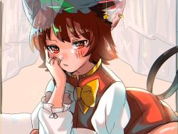 Rule 34 | 1girl, :t, animal ears, brown hair, cat ears, cat tail, chen, curtains, earrings, hat, jewelry, kashiwara mana, looking at viewer, mob cap, multiple tails, nekomata, one-hour drawing challenge, short hair, single earring, solo, tail, touhou