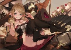 Rule 34 | 1girl, almond, blonde hair, blue eyes, breasts, chocolate, dated, draph, etna (brs-etna), food, granblue fantasy, hallessena, horns, jar, large breasts, long hair, lying, on back, pocky, pointy ears, signature, thighhighs, whipped cream