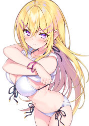 Rule 34 | 1girl, bare shoulders, bikini, blonde hair, breasts, cleavage, clothes lift, commentary request, cowboy shot, cu-no, front-tie bikini top, front-tie top, frown, hair between eyes, hair ornament, hairclip, hakurei botan, halterneck, halterneck, hisen kaede, large breasts, long hair, looking at viewer, navel, purple eyes, shirt, side-tie bikini bottom, sidelocks, simple background, sleeveless, sleeveless shirt, solo, stomach, string bikini, swimsuit, undressing, v-shaped eyebrows, very long hair, white background, white bikini, white shirt