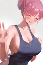 Rule 34 | 1girl, absurdres, bare shoulders, blush, bocchi the rock!, breasts, cleavage, closed eyes, collarbone, gotoh michiyo, hair bun, hands up, highres, large breasts, open mouth, pink hair, rororo, simple background, single hair bun, smile, solo, white background