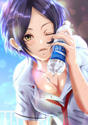 Rule 34 | 1girl, bad id, bad pixiv id, blue hair, bottle, breasts, cleavage, collarbone, collared shirt, day, dress shirt, hayami kanade, highres, holding, holding bottle, idolmaster, idolmaster cinderella girls, jewelry, koya (koya x 00), lens flare, looking at viewer, medium breasts, neckerchief, necklace, one eye closed, outdoors, parted bangs, parted lips, partially unbuttoned, pocari sweat, red neckerchief, school uniform, shiny skin, shirt, short hair, short sleeves, solo, sparkle, sweat, upper body, water bottle, white shirt, wing collar, yellow eyes