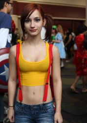 Rule 34 | breasts, cosplay, creatures (company), game freak, glasses, medium breasts, midriff, misty (pokemon), misty (pokemon) (cosplay), navel, nintendo, photo (medium), pokemon, real life, resized, solo focus, star (symbol), upscaled