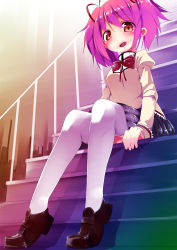 Rule 34 | 10s, 1girl, bad id, bad pixiv id, blush, bow, bowtie, breasts, brown footwear, female focus, full body, highres, kaname madoka, long sleeves, looking at viewer, mahou shoujo madoka magica, mahou shoujo madoka magica (anime), open mouth, pink eyes, pink hair, pleated skirt, red bow, red bowtie, school uniform, shadow, shiratama mochi, shirt, shoes, short twintails, sitting, skirt, smile, solo, stairs, thighhighs, twintails, white thighhighs, zettai ryouiki