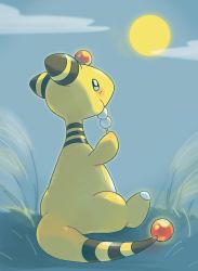 Rule 34 | ampharos, blush, cloud, commentary request, creatures (company), eating, full moon, game freak, gen 2 pokemon, grass, holding, holding stick, moon, night, nintendo, no humans, outdoors, pokemon, pokemon (creature), sitting, sky, solo, stick, tansho
