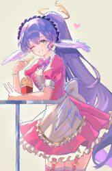 Rule 34 | 1girl, apron, aqua eyes, back bow, bow, bowtie, chips (food), collared dress, dress, earrings, food, frilled dress, frills, garter straps, head wings, heart, heart earrings, high ponytail, highres, holding, holding food, honkai: star rail, honkai (series), jewelry, long hair, looking at viewer, official alternate costume, official alternate hairstyle, one eye closed, open mouth, osushi tabetarou, pink dress, pink thighhighs, ponytail, potato chips, purple bow, purple bowtie, purple hair, robin (honkai: star rail), simple background, smile, solo, standing, thighhighs, white apron, white bow, white wings, wings