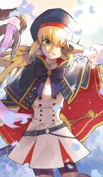Rule 34 | 1girl, artoria caster (fate), artoria caster (second ascension) (fate), artoria pendragon (fate), beret, black gloves, blonde hair, bow, cape, dress, fate/grand order, fate (series), gloves, green eyes, hat, highres, holding, holding staff, kujiraoka, long sleeves, one eye closed, pantyhose, solo focus, staff, sword, tears, weapon, white dress, wiping tears