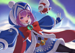 Rule 34 | 1girl, ankh, aurora, badge, beanie, black pantyhose, blue coat, blue dress, blue gloves, blue hat, blue sky, bow, breasts, coat, cocoablue23, colonel olcott (fate), dress, fate/grand order, fate/grand order arcade, fate (series), fur-trimmed coat, fur-trimmed dress, fur trim, gloves, hat, helena blavatsky (christmas) (fate), helena blavatsky (fate), highres, large bow, long sleeves, looking at viewer, pantyhose, purple eyes, purple hair, red bow, sack, short hair, sky, small breasts, snow, solo