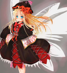 Rule 34 | 1girl, absurdres, blonde hair, blue eyes, bow, dress, frilled dress, frills, hat, hat bow, highres, lily black, lily white, long hair, mitsubasa miu, miutolily, touhou, wings