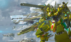 Rule 34 | absurdres, beam rifle, cloud, commentary, dony satriyo, energy cannon, energy gun, english commentary, fleet, flying, glowing, gunpod, highres, lights, machinery, mecha, mecha focus, no humans, original, robot, science fiction, shoulder cannon, spacecraft, takayama toshiaki (style), weapon