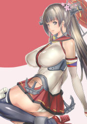 Rule 34 | 10s, 1girl, anchor, antennae, ass, bad id, bad pixiv id, black thighhighs, breasts, brown eyes, brown hair, detached sleeves, dodai shouji, flower, hair flower, hair ornament, headgear, highres, hip vent, huge breasts, kantai collection, long hair, long sleeves, looking at viewer, personification, pleated skirt, ponytail, red background, red skirt, shirt, simple background, skirt, sleeveless, sleeveless shirt, solo, tassel, thighhighs, thighs, two-tone background, very long hair, white background, white shirt, yamato (kancolle)