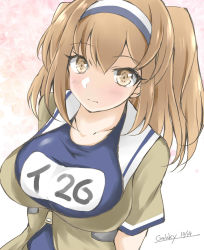Rule 34 | 1girl, blue one-piece swimsuit, breasts, brown eyes, brown shirt, commentary request, gakky, hairband, i-26 (kancolle), kantai collection, large breasts, light brown hair, long hair, looking at viewer, new school swimsuit, one-hour drawing challenge, one-piece swimsuit, open clothes, open shirt, sailor collar, school swimsuit, shirt, short sleeves, solo, swimsuit, two-tone hairband, two side up, upper body, white sailor collar, zipper pull tab