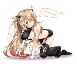 Rule 34 | 1girl, ahoge, all fours, ass, baretto (firearms 1), black bodysuit, black thighhighs, blush, bodysuit, bodysuit tug, breasts, brown eyes, garter straps, gloves, gradient hair, hair between eyes, hair censor, hair flaps, hair ornament, hair over breasts, hair ribbon, heart, heterochromia, kantai collection, large breasts, light brown hair, long hair, looking at viewer, multicolored hair, murasame (kancolle), open mouth, partial bodysuit, red eyes, red hair, ribbon, simple background, skindentation, smile, solo, speech bubble, thighhighs, thighs, twintails, twitter username, two side up, white background, white gloves