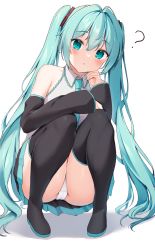 Rule 34 | !, 1girl, ?, arm on knee, ass, bare shoulders, black skirt, blue eyes, blue hair, blue necktie, blush, boots, collared shirt, detached sleeves, full body, hair between eyes, hand on own cheek, hand on own face, hannari369, hatsune miku, highres, knees to chest, knees together feet apart, leaning forward, legs, long hair, looking at viewer, miniskirt, necktie, open mouth, panties, pantyshot, pleated skirt, shirt, skirt, solo, spoken exclamation mark, squatting, staring, thigh boots, thighs, twintails, underwear, upskirt, very long hair, vocaloid, white panties