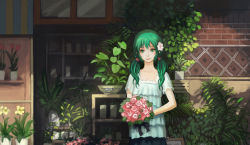 Rule 34 | 1girl, bouquet, bow, bowl, brick, bug, fern, flower, fly, gjred, green eyes, green hair, hair flower, hair ornament, hatsune miku, highres, holding, insect, low twintails, matching hair/eyes, palm tree, pink flower, pink rose, pot, rose, shelf, smile, solo, standing, tree, tulip, twintails, vocaloid