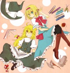 Rule 34 | 2girls, alice margatroid, black legwear, blonde hair, blue dress, book, boots, bow, braid, capelet, cup, dress, female focus, glasses, grin, hair ribbon, hairband, hat, unworn hat, hat ribbon, unworn headwear, indian style, kirisame marisa, multiple girls, mushroom, needle, open book, pantyhose, puffy sleeves, reading, ribbon, sash, scissors, sewing kit, sewing needle, shirt, short sleeves, sitting, skirt, skirt set, smile, spilling, teacup, teapot, thread, touhou, witch hat, yellow eyes, yuuta (monochrome)