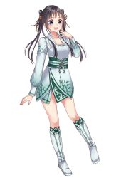 Rule 34 | 1girl, :d, absurdres, blue eyes, boots, breasts, brown hair, chinese clothes, hair rings, hand up, highres, knee boots, long sleeves, looking at viewer, ning yingying, open mouth, renzha fanpai zijiu xitong, shirokuro neko (ouma haruka), simple background, small breasts, smile, solo, standing, white background