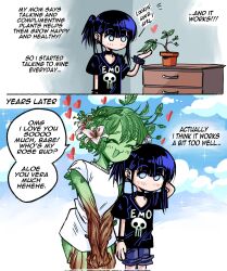 Rule 34 | 2girls, blush, bracelet, closed eyes, corrupted twitter file, emo-girl (grs-), english text, grs-, heart, highres, jewelry, monster girl, multiple girls, no mouth, open mouth, original, plant, plant girl, potted plant, pun, shirt, spiked bracelet, spikes, white shirt, yuri