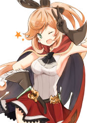 Rule 34 | &gt;;d, 10s, 1girl, ;d, absurdres, black gloves, black ribbon, black thighhighs, blush, breasts, cape, clarisse (granblue fantasy), eyebrows, gloves, granblue fantasy, green eyes, hair between eyes, hair ribbon, hand on own hip, highres, long hair, looking at viewer, medium breasts, miniskirt, no bra, one eye closed, open mouth, orange hair, ponytail, red skirt, ribbon, shibakame, shibakame (917narto8537), simple background, skirt, smile, solo, star (symbol), thighhighs, v, v-shaped eyebrows, vial, white background