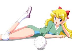 Rule 34 | 1girl, :d, aino minako, arm support, ball, bishoujo senshi sailor moon, blonde hair, blue eyes, bow, buruma, earrings, green buruma, hair bow, jewelry, kinfuji, knee pads, long hair, long sleeves, looking at viewer, lying, on stomach, open mouth, red bow, shadow, shoes, simple background, smile, socks, solo, sportswear, v-neck, volleyball (object), volleyball uniform, white background, white socks