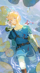 Rule 34 | 1boy, absurdres, blonde hair, blood, blood on chest, blood on clothes, blood on face, blue eyes, blue tunic, boots, brown footwear, closed mouth, commentary request, earrings, expressionless, feet out of frame, floating, from above, highres, jewelry, koi, lily pad, link, looking at viewer, male focus, nintendo, pants, partially submerged, pointy ears, short hair, shoulder strap, solo, the legend of zelda, tunic, undershirt, water, white pants, xianjiu