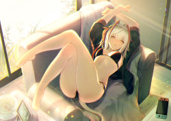 Rule 34 | 1girl, absurdres, arknights, barefoot, black jacket, black panties, bra, couch, demon girl, demon horns, feet, filtered, highres, horns, jacket, jiusan naitang, leg up, looking at viewer, lying, nintendo switch, on back, panties, solo, underwear, w (arknights)