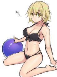 Rule 34 | 1girl, ball, beachball, bikini, black bikini, blonde hair, breasts, cleavage, cocorosso, fate/grand order, fate (series), frown, jeanne d&#039;arc (fate), jeanne d&#039;arc alter (avenger) (fate), jeanne d&#039;arc alter (fate), looking at viewer, navel, ruler (fate/grand order), simple background, sitting, solo, swimsuit, wariza, white background, yellow eyes