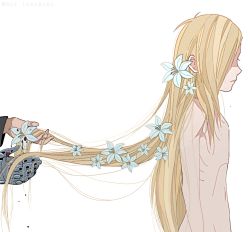 Rule 34 | 2boys, absurdly long hair, alphonse elric, androgynous, arms at sides, artist name, automail, blonde hair, blood, blood drop, blood on hands, brothers, closed mouth, colored eyelashes, commentary, completely nude, crying, dee-toraburu, edward elric, emaciated, english commentary, expressionless, eyelashes, facing away, fingernails, flower, from side, fullmetal alchemist, hair flower, hair ornament, hair over one eye, hip bones, holding, holding hair, lily (flower), long hair, long sleeves, male focus, messy hair, multiple boys, navel, nude, out of frame, outstretched hand, pale skin, profile, ribs, shaded face, siblings, simple background, standing, straight hair, streaming tears, teardrop, tears, upper body, very long hair, white background, white flower