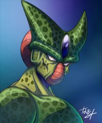 Rule 34 | 1boy, blue background, cell (dragon ball), closed mouth, commentary request, dragon ball, dragonball z, imperfect cell, looking at viewer, looking to the side, male focus, naomi (nplusn), signature, slit pupils, solo, upper body