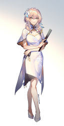 Rule 34 | 1girl, absurdres, alternate costume, blonde hair, bob cut, china dress, chinese clothes, coin purse, dress, flower, flyawaychan, folded fan, folding fan, full body, genshin impact, hair flower, hair ornament, hand fan, high heels, highres, holding, looking at viewer, lumine (genshin impact), smile, white background, yellow eyes