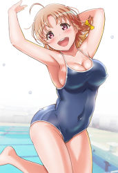 Rule 34 | 1girl, :d, ahoge, armpits, arms up, bare arms, barefoot, blue one-piece swimsuit, blush, braid, breasts, cleavage, collarbone, competition school swimsuit, covered navel, cowboy shot, gonta (gshoutai), hair ribbon, highres, jumping, looking at viewer, love live!, love live! sunshine!!, medium breasts, narrow waist, one-piece swimsuit, open mouth, orange hair, pool, poolside, red eyes, ribbon, school swimsuit, short hair, side braid, skin tight, skindentation, smile, solo, spaghetti strap, swimsuit, takami chika, taut clothes, taut swimsuit, teeth, tress ribbon, undersized clothes, upper teeth only, yellow ribbon