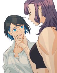 Rule 34 | 2girls, bare arms, black bra, black hair, blue eyes, blue hair, blush, bra, collared shirt, colored inner hair, commentary request, gundam, gundam suisei no majo, hand on another&#039;s face, highres, korean commentary, long hair, long sleeves, looking at another, multicolored hair, multiple girls, nika nanaura, parted lips, purple hair, sabina fardin, shirt, short hair, simple background, snapagi, sweatdrop, underwear, upper body, white background, white shirt, yellow eyes