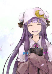 Rule 34 | 1girl, ^ ^, bad id, bad pixiv id, book, hugging book, bow, capelet, closed eyes, crescent, female focus, hair bow, happy, hat, holding, holding book, long hair, ngra, hugging object, patchouli knowledge, purple hair, sleeves past wrists, smile, solo, star (symbol), touhou