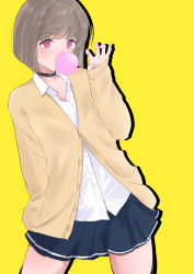 Rule 34 | 1girl, absurdres, artist name, artist request, black choker, blue skirt, blush, breasts, brown hair, brown jacket, chewing gum, buttons, chewing gum, choker, claw pose, collarbone, collared shirt, female focus, grey hair, hand in pocket, highres, jacket, light brown hair, light brown jacket, long sleeves, looking at viewer, love live!, love live! nijigasaki high school idol club, miniskirt, nakasu kasumi, parted lips, pink eyes, plaid, plaid skirt, pleated, pleated skirt, purple eyes, shirt, short hair, skirt, small breasts, smile, solo, white shirt, wing collar, yellow background