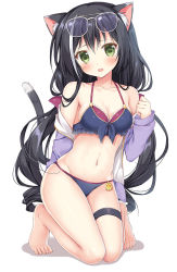 Rule 34 | 1girl, animal ear fluff, animal ears, bare shoulders, barefoot, bikini, black hair, blue bikini, blush, breasts, cat ears, cat girl, cat tail, cleavage, collarbone, commentary request, eyewear on head, fang, front-tie bikini top, front-tie top, full body, green eyes, groin, hair between eyes, highres, jacket, karyl (princess connect!), karyl (summer) (princess connect!), kneeling, korie riko, long hair, low twintails, medium breasts, multicolored hair, navel, off shoulder, open clothes, open jacket, open mouth, princess connect!, purple jacket, ringlets, shadow, solo, streaked hair, sunglasses, swimsuit, tail, twintails, very long hair, white-framed eyewear, white background, white hair