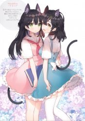 Rule 34 | 2girls, absurdres, animal ears, arm at side, ayamy, black hair, blue dress, book, braid, brown eyes, cat ears, cat girl, cat tail, cowboy shot, dress, floral background, flower, french braid, green eyes, hair between eyes, highres, holding, holding book, hydrangea, looking at viewer, multiple girls, non-web source, open mouth, original, pink dress, scan, short dress, short hair, tail, thighhighs, thighs, wavy hair, white legwear