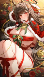 Rule 34 | 1girl, absurdres, alternate costume, animal ears, antlers, arms behind back, bell, black hair, black halo, blue archive, blush, breasts, bright pupils, choker, christmas, feet out of frame, halo, highres, horns, large breasts, long hair, looking at viewer, red choker, red eyes, red ribbon, restrained, ribbon, rio (blue archive), solo, tansuan (ensj3875), thighs, underboob, white pupils