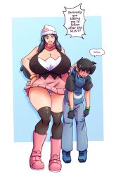 Rule 34 | 1boy, 1girl, alternate breast size, alternate height, ash ketchum, bare shoulders, beanie, black gloves, black hair, black socks, blue pants, boots, breasts, cleavage, dawn (pokemon), fingerless gloves, full body, gigantic breasts, gloves, half-closed eye, hand on own hip, hat, height difference, lifting person, long hair, miniskirt, n647, nervous, no headwear, panties, pants, pink footwear, pink skirt, pokemon, pokemon (anime), pokemon dppt (anime), red scarf, scarf, simple background, skirt, socks, speech bubble, striped, striped panties, surprised, underwear, white headwear