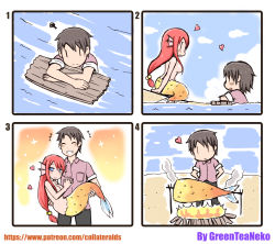 Rule 34 | +++, 1boy, 1girl, 4koma, absurdres, bad id, bad pixiv id, campfire, carrying, comic, completely nude, cooking, fins, fire, floating, greenteaneko, hair bobbles, hair censor, hair ornament, head fins, heart, highres, mermaid, monster girl, nude, original, princess carry, red eyes, red hair, silent comic, smile, square 4koma, wood, you&#039;re doing it wrong, | |