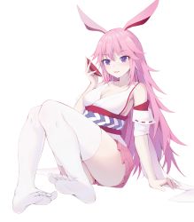 Rule 34 | 1girl, :d, absurdres, animal ears, bare shoulders, breasts, cleavage, cup, delusion god, drinking glass, fox ears, full body, hair between eyes, highres, holding, holding cup, honkai (series), honkai impact 3rd, long hair, looking at viewer, no shoes, on floor, open mouth, pink hair, purple eyes, simple background, sitting, smile, soles, solo, thighhighs, toes, white background, white thighhighs, wine glass, yae sakura, yae sakura (gyakushinn miko)