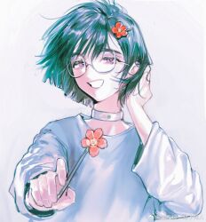 Rule 34 | 1girl, alien stage, black hair, chinese commentary, choker, commentary request, flower, glasses, grey background, hair ornament, hairclip, hand up, highres, long sleeves, looking at viewer, open mouth, purple eyes, shirt, short hair, siy (shengxiu760722), smile, solo, sua (alien stage), upper body, weibo watermark, white choker, white shirt