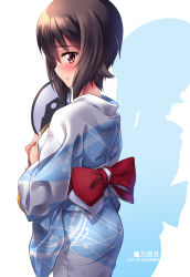 Rule 34 | 10s, 1girl, alternate costume, blue kimono, blush, brown eyes, brown hair, circle name, commentary request, cowboy shot, dated, emblem, from side, girls und panzer, highres, holding, japanese clothes, japanese tankery league (emblem), kimono, kuzuryuu kennosuke, looking at viewer, nishizumi maho, obi, parted lips, sash, short hair, silhouette, smile, solo, standing, white background, yukata