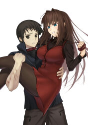 Rule 34 | 1boy, 1girl, absurdres, animal collar, aozaki aoko, black eyes, black hair, black jacket, black sweater, blue eyes, breasts, brown hair, brown pants, brown pantyhose, buttons, carrying, collar, commentary request, dress, grin, hair intakes, highres, holding, holding leash, jacket, leash, long hair, long sleeves, looking at another, mahou tsukai no yoru, medium breasts, pants, pantyhose, princess carry, red dress, scar, scar on arm, shizuki soujuurou, short hair, sidelocks, simple background, smile, sweater, teeth, toomishou, turtleneck, turtleneck sweater, white background