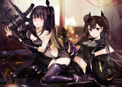 Rule 34 | 2girls, architect (girls&#039; frontline), asymmetrical clothes, bare shoulders, black footwear, black gloves, black legwear, black sailor collar, black serafuku, black shirt, black shorts, black skirt, boots, bow, breast press, breasts, brown eyes, brown hair, cleavage, commentary request, evil grin, evil smile, girls&#039; frontline, gloves, grin, hair bun, high heel boots, high heels, indoors, knee boots, long hair, looking at viewer, medium breasts, multiple girls, hugging object, ouroboros (girls&#039; frontline), parted lips, pink eyes, pleated skirt, purple footwear, purple hair, purple legwear, reclining, sailor collar, sangvis ferri, school uniform, serafuku, shirt, short shorts, short sleeves, shorts, side bun, single hair bun, single side bun, skirt, smile, striped, tetsubuta, thighhighs, twintails, v-shaped eyebrows, vertical stripes, very long hair, weapon, white bow, window