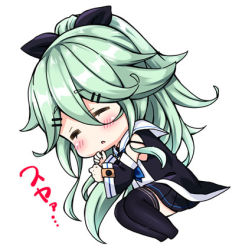 Rule 34 | 10s, 1girl, black thighhighs, blush stickers, chibi, commentary request, detached sleeves, closed eyes, green hair, hair ornament, hair ribbon, hairclip, k hiro, kantai collection, long hair, lowres, lying, parted lips, pleated skirt, ponytail, ribbon, school uniform, serafuku, simple background, skirt, sleeping, solo, thighhighs, translated, white background, yamakaze (kancolle), zettai ryouiki
