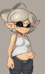 Rule 34 | absurdres, bare shoulders, belly, belly grab, blush, breasts, davenextdoor (justdavefnd), earrings, fat, grey background, highres, inkling, jewelry, looking down, marie (splatoon), medium breasts, nintendo, pointy ears, shirt, silver hair, simple background, solo, splatoon (series), weight conscious, white shirt