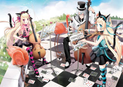 Rule 34 | 1boy, 2girls, ace (playing card), ace of hearts, ace of spades, animal, animal ears, bad id, bad pixiv id, bird, blonde hair, blue eyes, card, cat ears, cat tail, cello, cocoon (loveririn), double bass, facepaint, flamingo, flower, hair flower, hair ornament, hair ribbon, hairband, hat, heart, heterochromia, high heels, hiver laurant, hortense, instrument, long hair, multiple girls, playing card, purple eyes, ribbon, roman (sound horizon), sheet music, silver hair, sitting, sound horizon, spade (shape), striped clothes, striped legwear, striped thighhighs, tail, thighhighs, top hat, very long hair, violette, violin, zettai ryouiki
