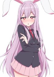 Rule 34 | 1girl, animal ears, blazer, blouse, blush, bright pupils, collared shirt, commentary request, cowboy shot, highres, jacket, long hair, long sleeves, looking at viewer, miniskirt, necktie, pink hair, pink skirt, pleated skirt, rabbit ears, red eyes, red necktie, reisen udongein inaba, shirt, simple background, skirt, solo, touhou, triangle mouth, tsukimirin, very long hair, white background, white shirt