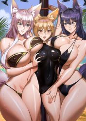 Rule 34 | 3girls, animal ear fluff, animal ears, arms up, bikini, black hair, blue eyes, blush, bound, bound wrists, grabbing another&#039;s breast, breasts, brown eyes, brown hair, commission, covered navel, day, fox ears, grabbing, groping, hair between eyes, highleg, highleg swimsuit, highres, huge breasts, kirin ouji, long hair, medium breasts, multigrope, multiple girls, navel, o-ring, o-ring swimsuit, one-piece swimsuit, open mouth, original, outdoors, pink hair, rope, short hair, smile, strapless, strapless bikini, swimsuit, wet, yuri